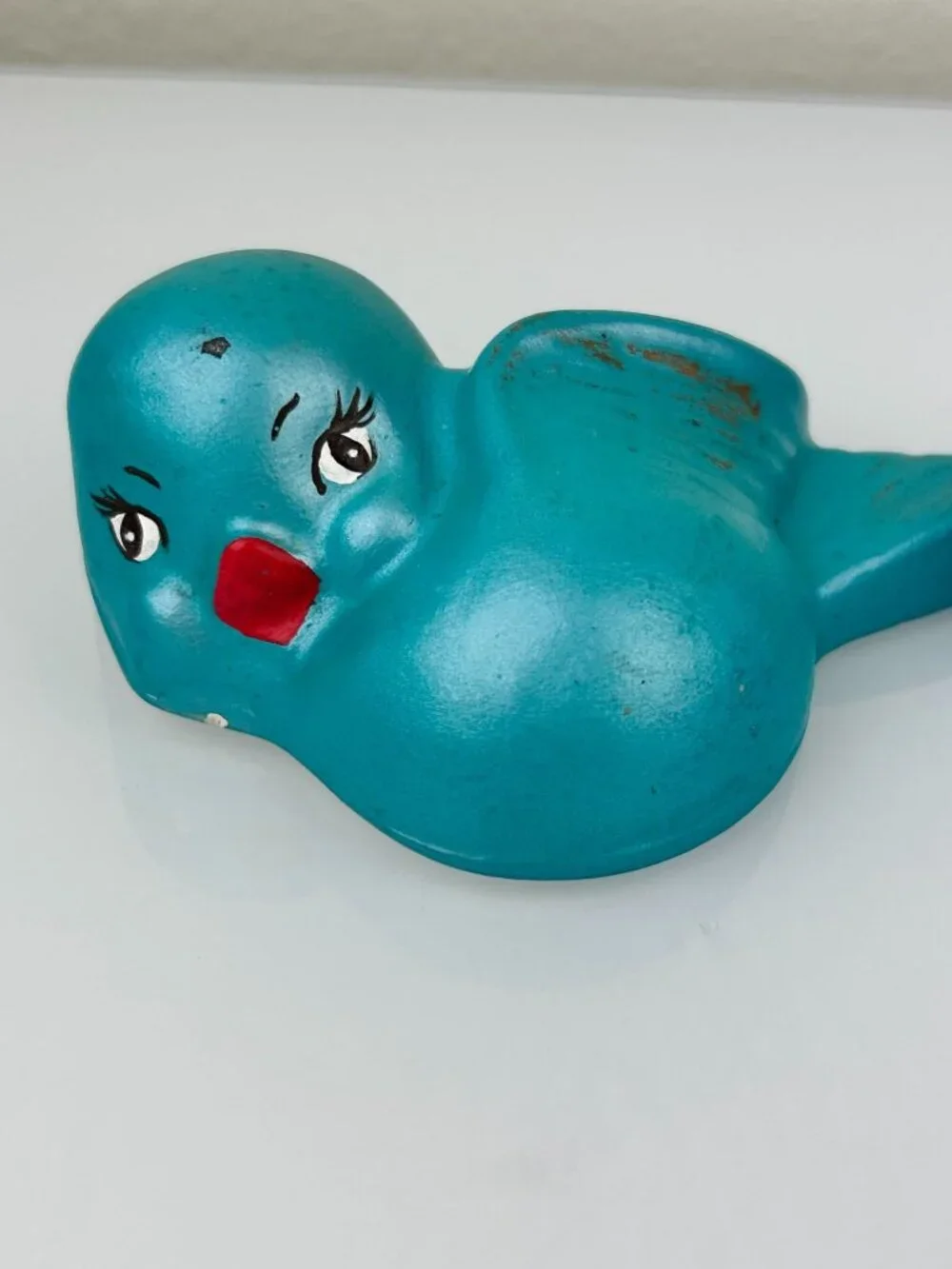 Vintage MCM Teal Chalkware Birds Wall Art Hanging Blue Eyelashes Red Lips Kitsch